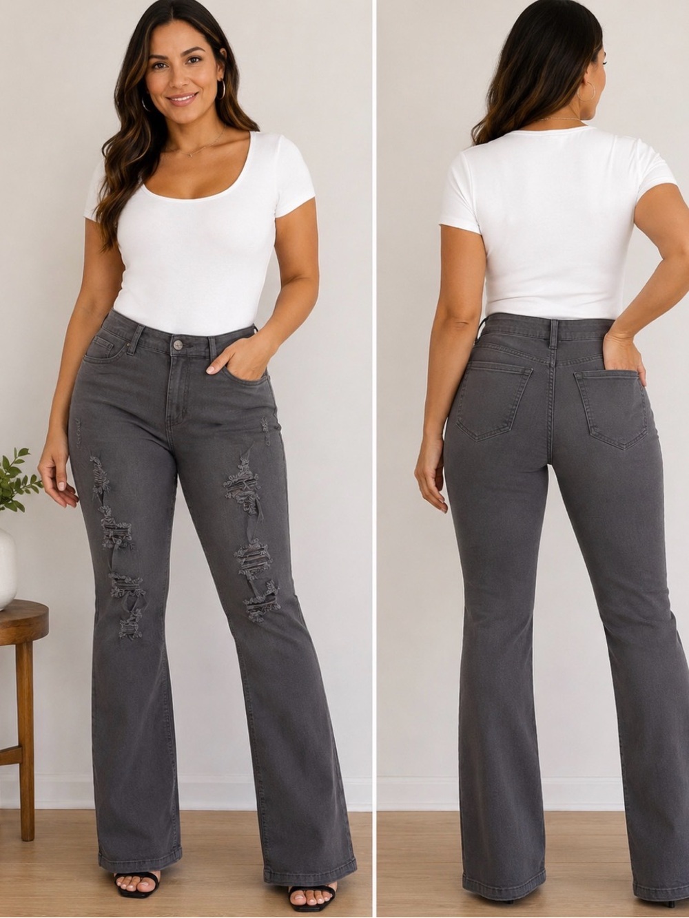 Hybrid & company Charcoal Gray High-Rise Flare Jeans with Distressed Knees
